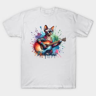 Devon Rex Cat Playing Guitar T-Shirt